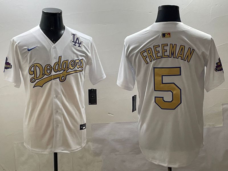 Men Los Angeles Dodgers #5 Freeman White Champion gold character 2025 Nike MLB Jersey style 3315->texas rangers->MLB Jersey